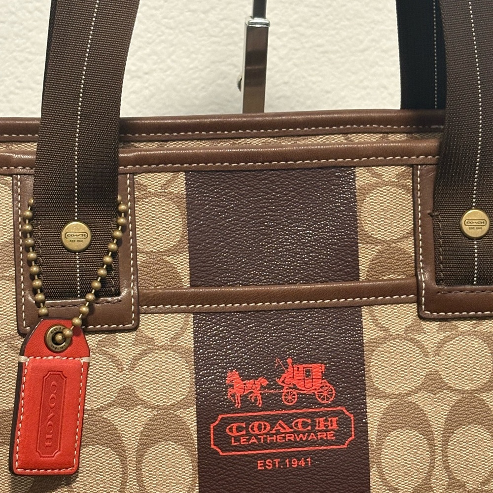 Coach Signature Canvas Tote in Brown, Tan and Red Accent - Picture 2 of 11